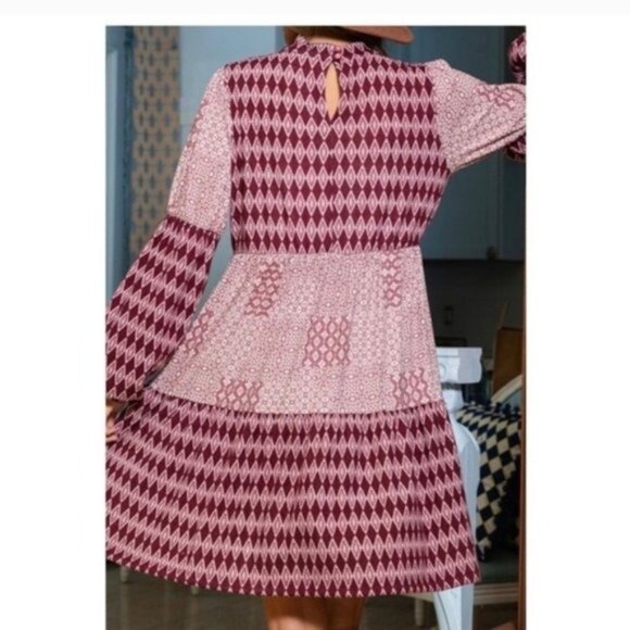 Bohemian Long Sleeve Diamond Print Tiered Midi Dress With Pockets For Women-NEW - Picture 3 of 3